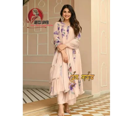 Digital Floral Printed Gown Three Piece Set