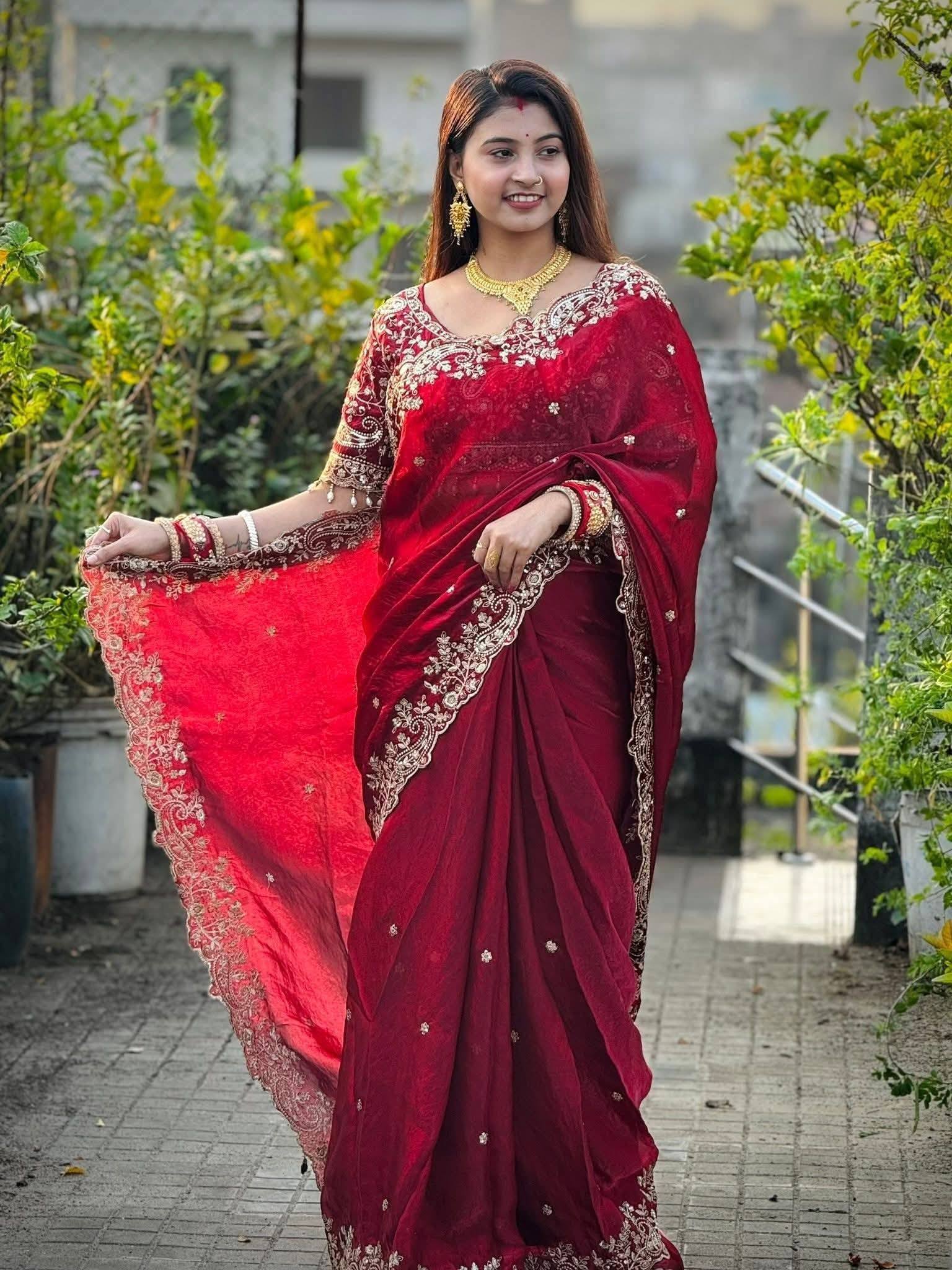Maroon Embroidery Saree